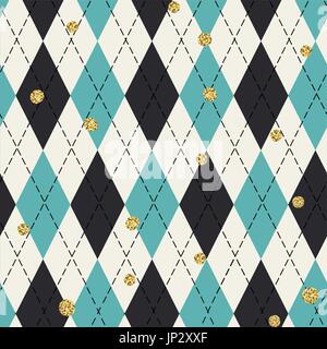 Seamless blue argyle pattern with chaotic golden dots. Traditional diamond check print. Vintage seamless background. Stock Vector
