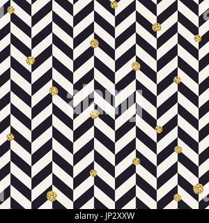 Chevron black pattern and golden chaotic dots. Seamless pattern design background. Stock Vector