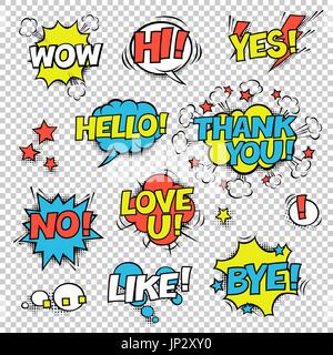 HI, YES, THANK YOU, HELLO, WOW, LOVE U, NO, ..., LIKE, BYE, !. Comic speech bubbles set. Halftones, stars and other elements in separated layers. Colo Stock Vector