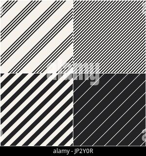 Four diagonal patterns collection. Diagonal lines seamless black and white pattern. Repeat straight monochrome stripes texture background. Geometric v Stock Vector