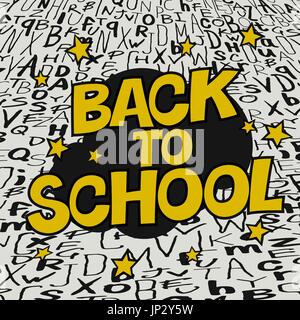 Back to school. Logotype design. Yellow letters with stars on black. Comic alphabet. Isolated on white Stock Vector