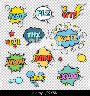 Thx, ASAP, PLZ, WTF, LOL, ROTFL, WOW, WIN, OMG, XOXO. Comic speech bubbles set. Halftones, stars and other elements in separated layers. Colorful desi Stock Vector