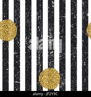 Black textured lines and chaotic golden dots seamless pattern. Vintage retro pattern. Abstract vector background Stock Vector