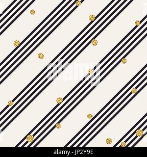 Diagonal black lines on white background. Golden dots seamless design. Seamless vector pattern. Stock Vector