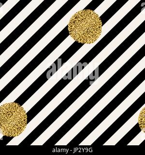 Diagonal black lines on white background. Golden dots seamless design. Seamless vector pattern. Stock Vector