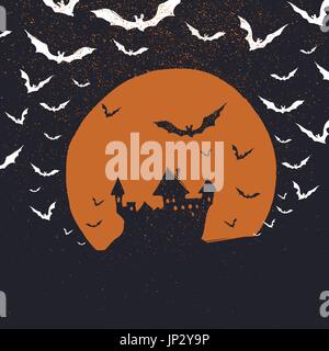 Halloween poster background. Castle, bats and moon. Isolated to black Stock Vector
