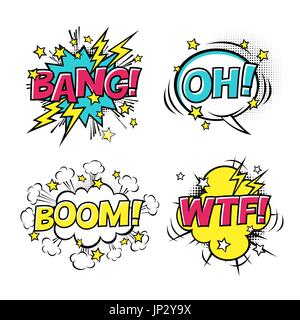 Comic speech bubbles set with different emotions and text BOOM, OH, BANG, WTF. Vector cartoon illustrations isolated on white background. Halftones, s Stock Vector