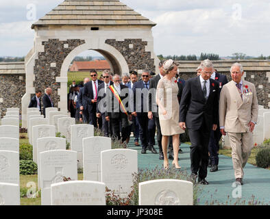 Belgium's King Philippe and Queen Mathilde, the Prince of Wales and the Duke and Duchess of Cambridge arrive at the Tyne Cot Commonwealth War Graves Cemetery in Ypres, Belgium, for commemorations to mark the centenary of Passchendaele. Stock Photo