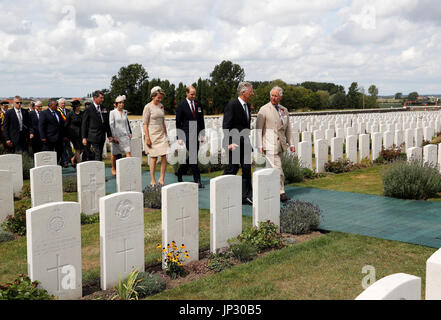 Belgium's King Philippe and Queen Mathilde, the Prince of Wales and the Duke and Duchess of Cambridge arrive at the Tyne Cot Commonwealth War Graves Cemetery in Ypres, Belgium, for commemorations to mark the centenary of Passchendaele. Stock Photo