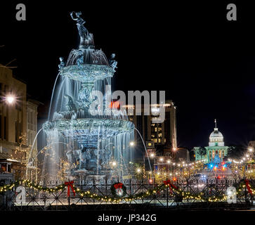 Christmas lights and Court Square fountain in downtown Montgomery, Alabama USA at night. Stock Photo