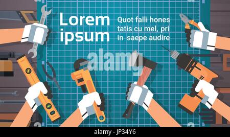 Hands Holding Tools Repair And Construction Working Equipment Over Copy Space Stock Vector