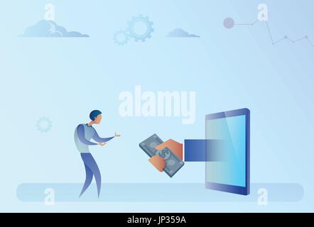 Business Man Getting Money From Digital Tablet Crowdfunding Investment Concept Stock Vector