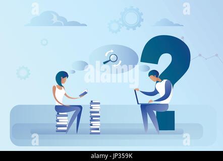 Abstract Business Man And Woman Sitting On Books Stack Working Laptop Computer Search Information Concept Stock Vector