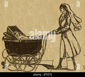 A nurse / nursemaid walking the baby  in a pram 1922 Stock Photo