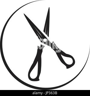 opened scissors with an outline of circle around isolated on white background. Stock Vector
