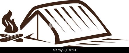 tent with wooden camp flame icon isolated on white background. Stock Vector