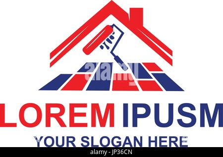home maintenance logo with roof ,floor and roller paint brush. isolated on white background. Stock Vector