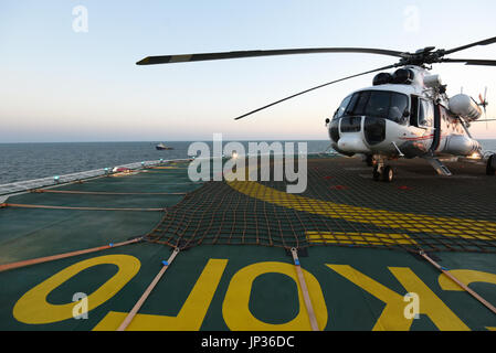 Oil rig platform on Lukoil Filanovsky oil field at the Caspian Sea, Astrakhan region, Russia Stock Photo