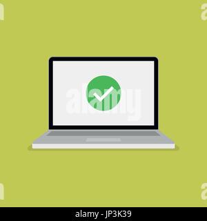 Green checkmark icon on computer screen. Modern flat vector illustration. Stock Vector