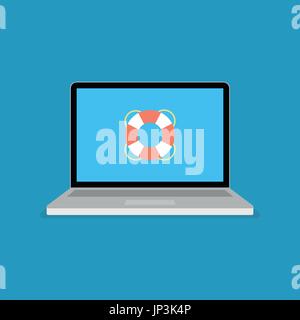 Life buoy icon on computer screen. Web Support modern flat vector illustration. Stock Vector