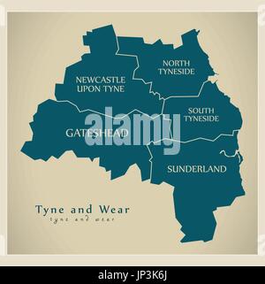 Modern Map - Tyne and Wear Metropolitan County with district captions England UK illustration Stock Vector