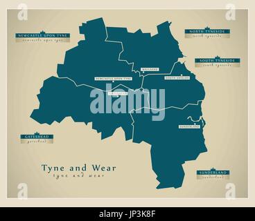 Modern Map - Tyne and Wear metropolitan county England UK illustration Stock Vector