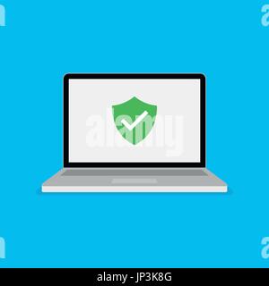 Green shield icon with checkmark on computer screen. Web security modern vector illustration. Stock Vector