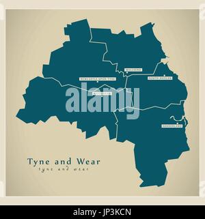 Modern Map - Tyne and Wear Metropolitan County with cities and districts England UK illustration Stock Vector