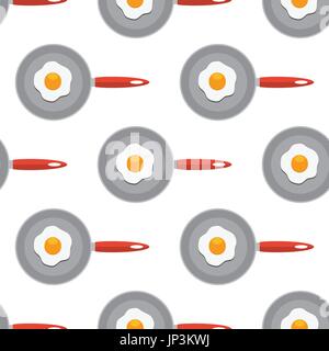 Seamless Vector pattern with fried eggs on a frying pan. Flat and solid color vector. Stock Vector