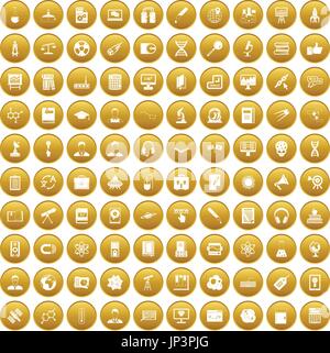 100 researcher science icons set gold Stock Vector