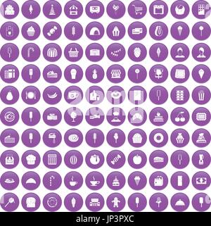 100 dessert icons set purple Stock Vector
