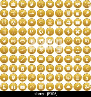 100 seminar icons set gold Stock Vector