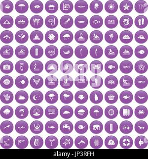 100 diving icons set purple Stock Vector