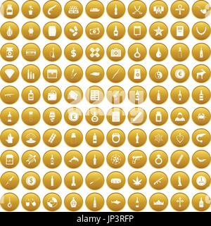 100 smuggling goods icons set gold Stock Vector