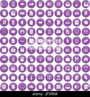 100 document icons set purple Stock Vector