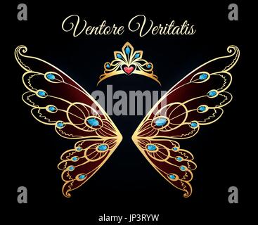 Wings and tiara princess jewelry gold logo. Luxury jewellery diamond fashion vector emblem Stock Vector