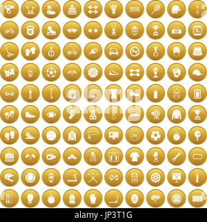 100 sport accessories icons set gold Stock Vector