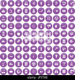100 eco care icons set purple Stock Vector