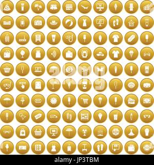 100 summer shopping icons set gold Stock Vector