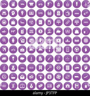 100 economy icons set purple Stock Vector