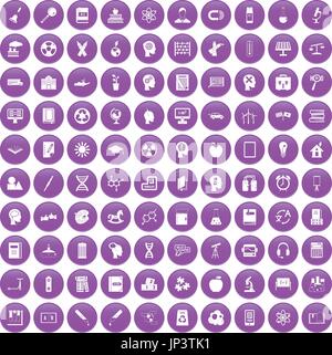100 education icons set purple Stock Vector