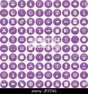 100 e-learning icons set purple Stock Vector
