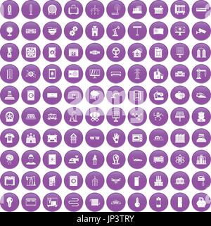 100 electrical engineering icons set purple Stock Vector