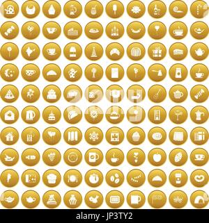 100 tea party icons set gold Stock Vector