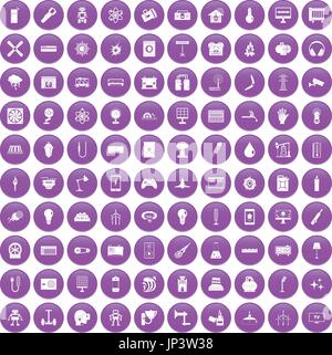 100 energy icons set purple Stock Vector