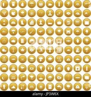100 thunderstorm icons set gold Stock Vector