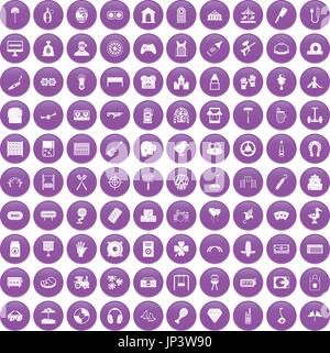 100 entertainment icons set purple Stock Vector