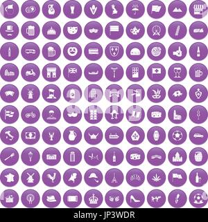 100 europe countries icons set purple Stock Vector