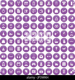 100 family icons set purple Stock Vector