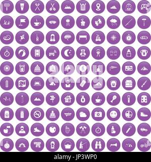 100 family camping icons set purple Stock Vector